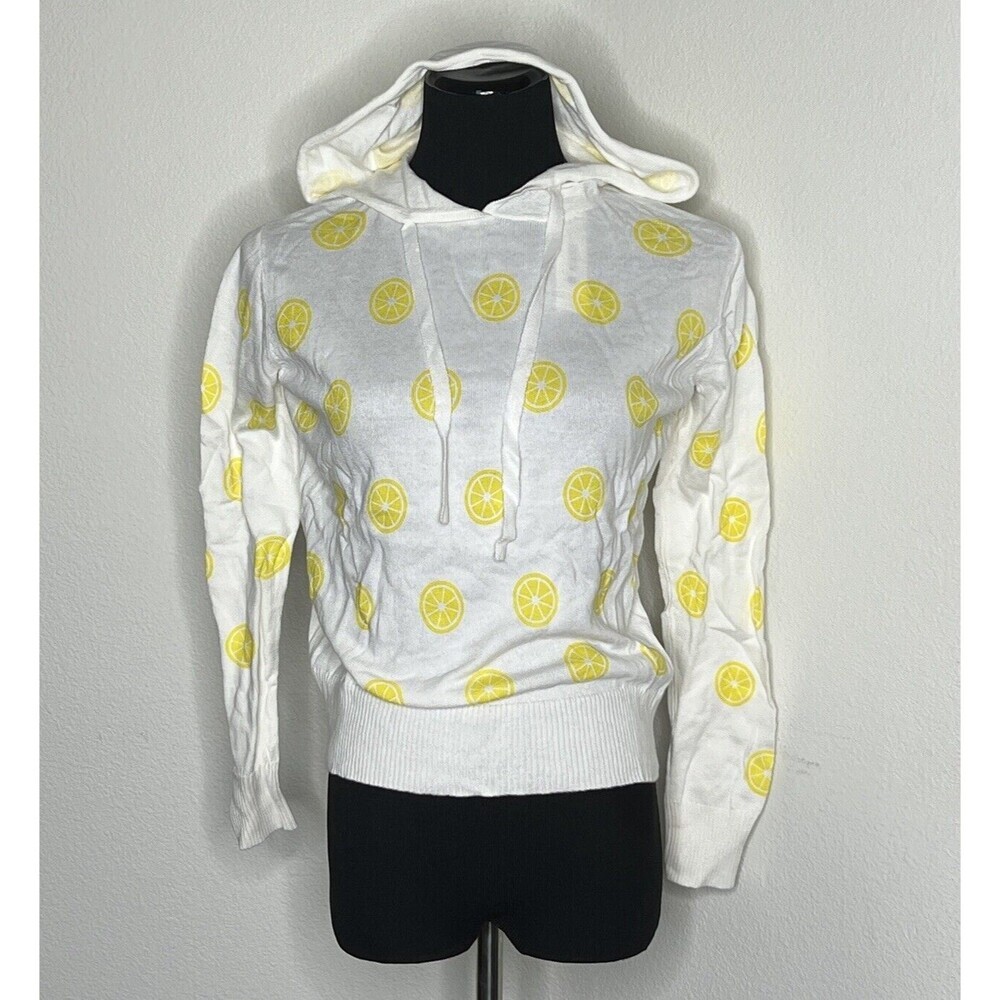 Aqua Womens Sweaters Small White Yellow Hooded‎ Lemon Long Sleeve Casual Summer